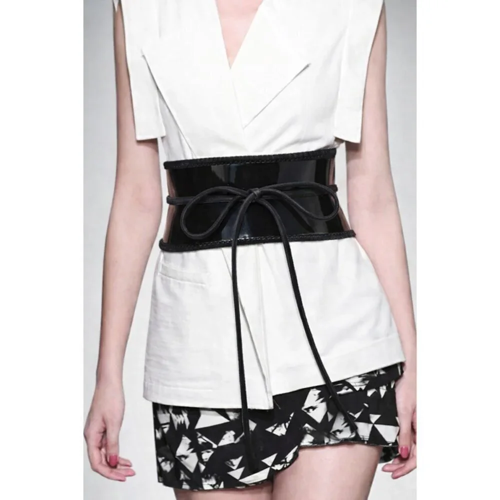 ZAPA Black Patent Leather Corset Waist Belt Suede Trim Lace-Up France